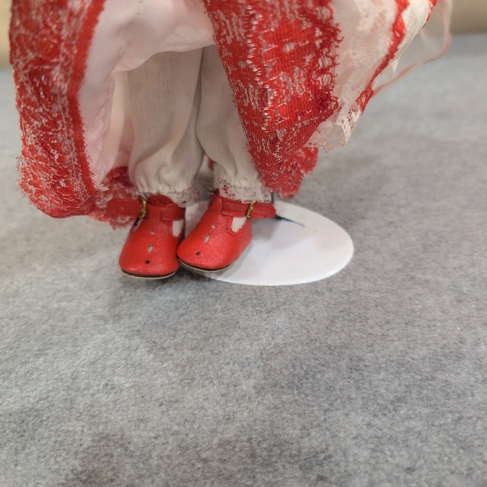 Ashley Belle Porcelain Mexican Doll With Stand Red White Lace Dress Hoop Earring - Picture 4 of 5